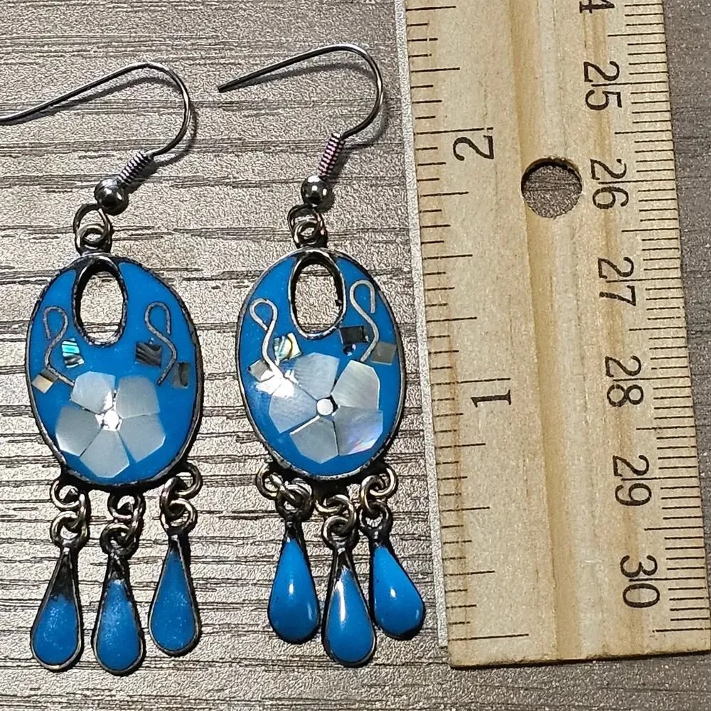 Vintage Alpaca Silver & Blue Enamel Dangle Earrings with Mother of Pearl Flowers